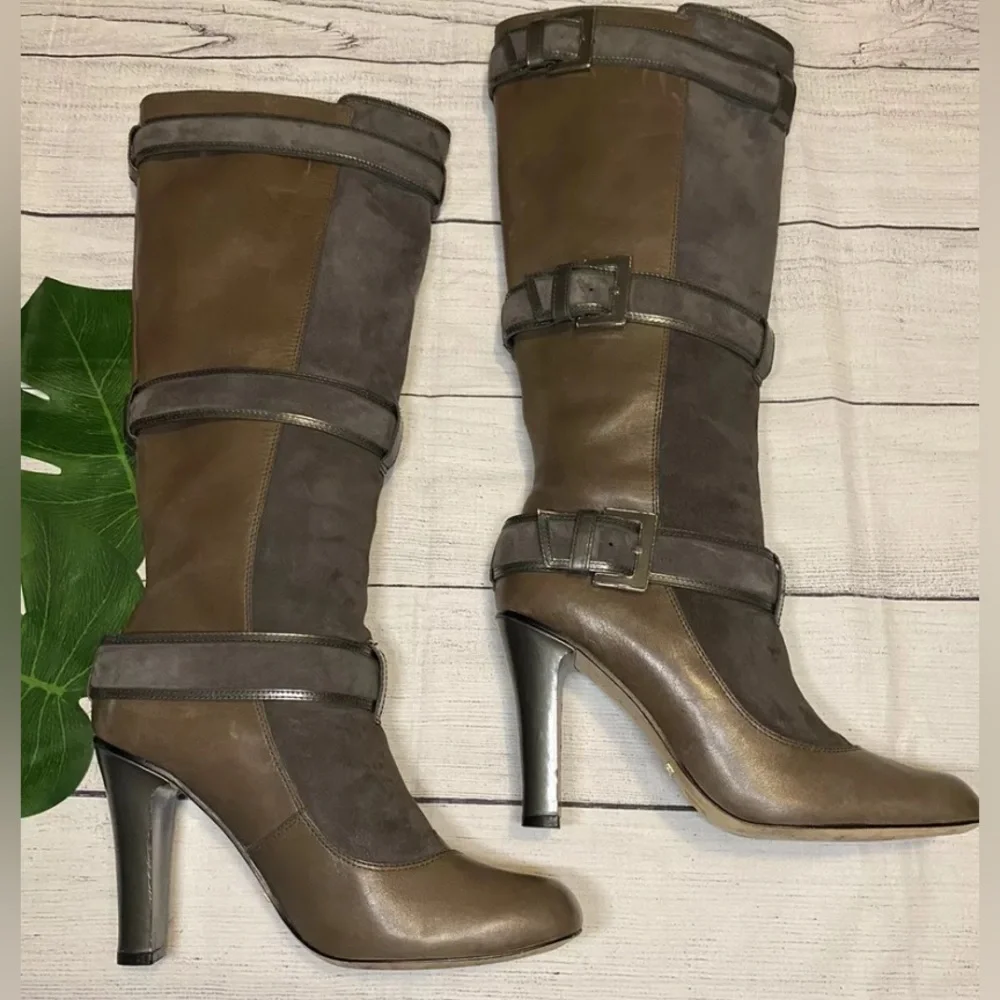 Cole Haan  Leather Suede Knee Boots Buckle Accents Pull On Sz 10 B